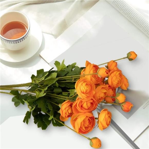 Artificial Silk Flowers Persian Ranunculus(Asian Buttercup 5 Bundles) (Orange) - Picture 3 of 6